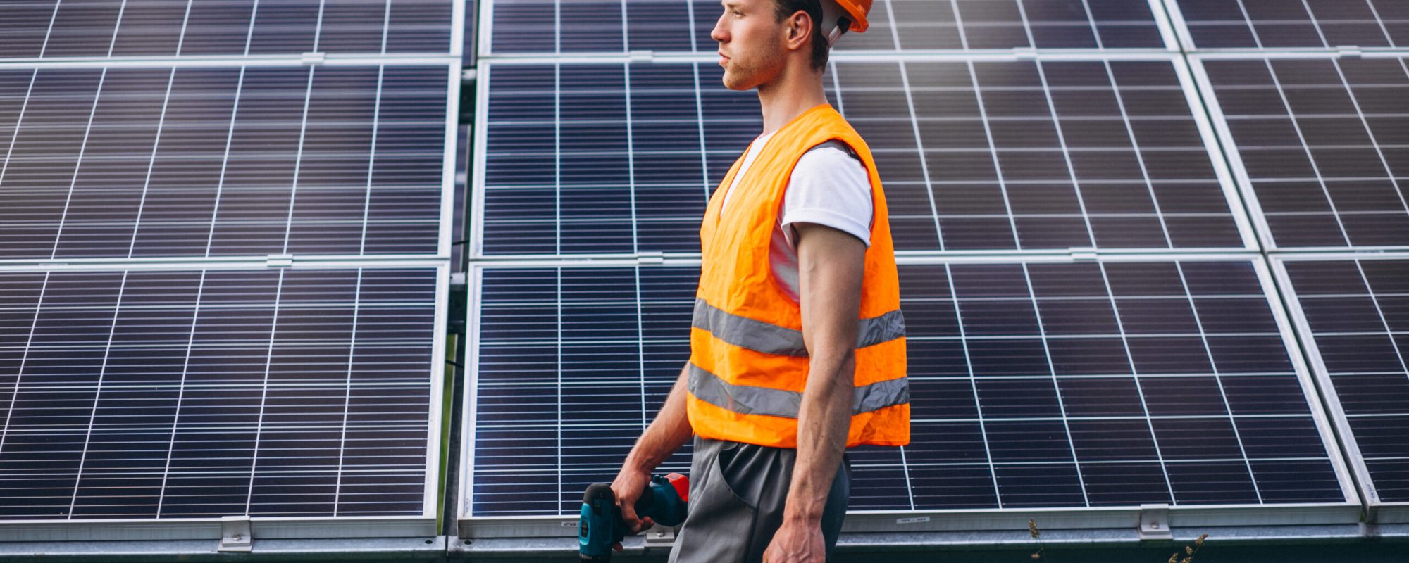 Man worker in the firld by the solar panels